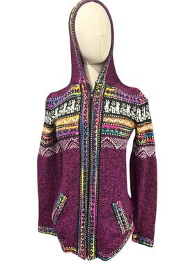 Peruvian Style Alpaca Hooded Sweater Llama Fair Isle Zip Cardigan Purple Artsy
